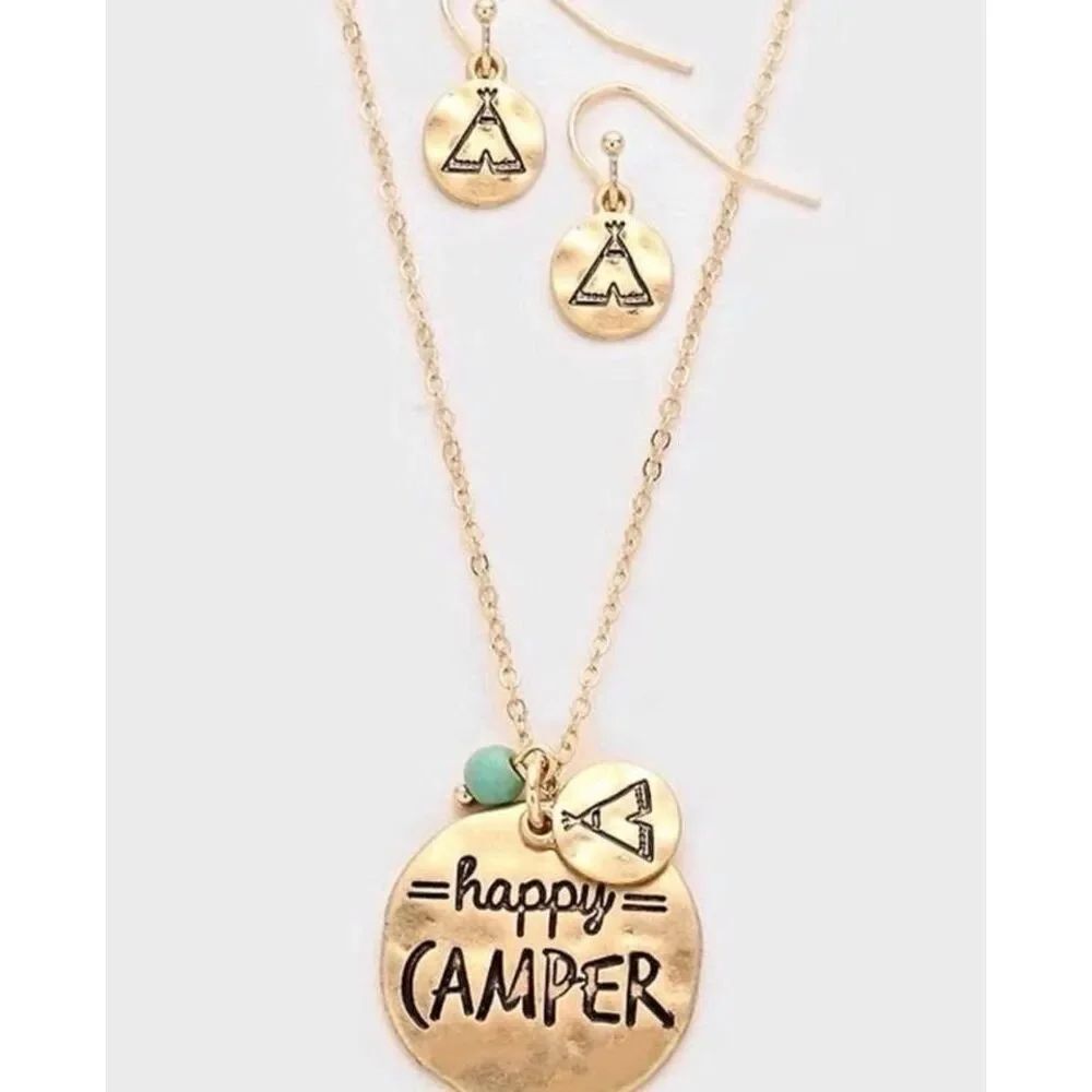 New Womens Happy Camper Tent Outdoors Hammered Pendant Necklace & Earrings Set